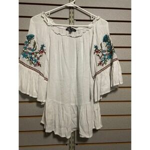 Anne French White Embroidered Bell Sleeve Off The Shoulder Boho Tunic Top Size S